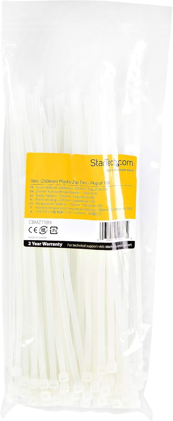 StarTech.com 10"(25cm) Cable Ties - 1/8"(4mm) Wide, 2-5/8"(68mm) Bundle Diameter, 50lb(22kg) Tensile Strength, Nylon Self Locking Zip Ties w/Curved Tip, 94V-2/UL Listed, 1000 Pack - White, TAA