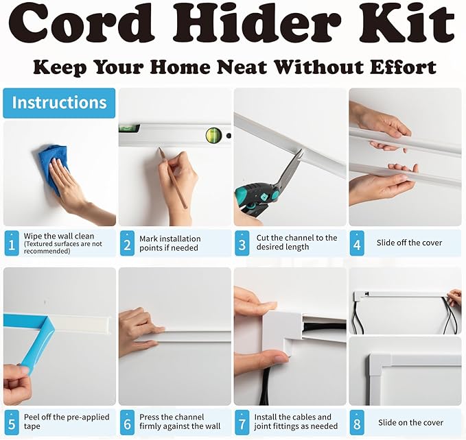 Art3d Cord Hider Kit, 360in Cord Covers for Wires on Wall, Paintable Cable Hider, Cable Raceway Kit for Wires, Wall Mount TV Cords Management, W0.94 H0.54in, White