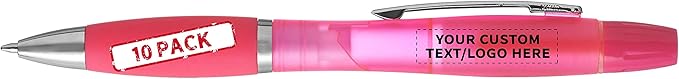 DISCOUNT PROMOS Personalized Two in one Highlighter Pens - 10 pack - Plastic Pens - Customizable Text, Logo - Pink