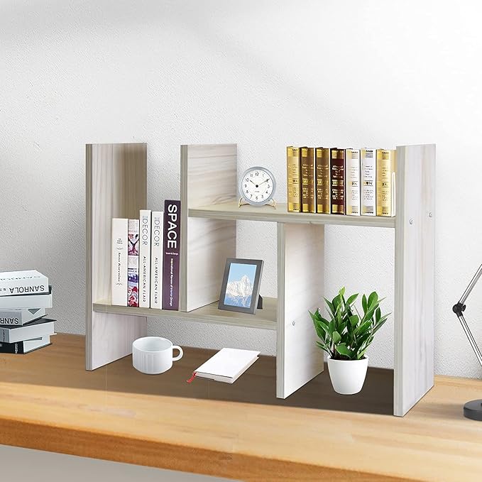 J.M.Deco Desktop Organizers and Storage for Office, Adjustable Desk Organizer Shelf Double H Display, True Natural Stand Shelf, Desktop Organizer White Wood Tone