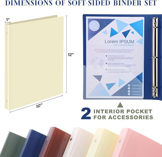 Fulmoon 48 Pack 3 Ring Plastic Binders 1 Inch Bulk with 2 Pockets, Flexible Binder Loose Leaf Hardcover, Fit 12" x 10" US Letter Size Paper, for School Office Home, 6 Colors(Boho)
