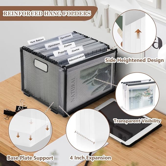 10 Pack Extra Capacity Hanging File Folder Plastic Letter Size Filing Cabinet Reinforced Hang Folders with Heavy Duty 4 Inch Expansion Black Insert Gasket 8.5” X 14” for Insertable Tabs