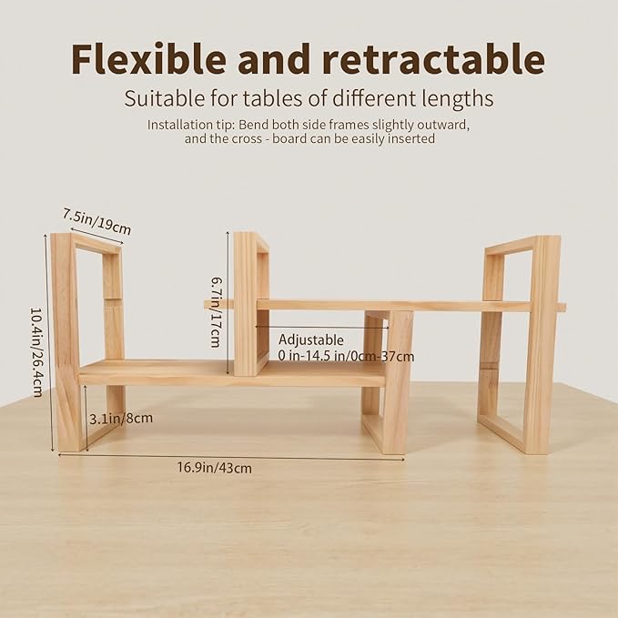 Desk Shelves Desktop Organizer Shelf - No Assembly Needed Holds 130lbs for Desk Organizers and Accessories Corner Bookshelf Table Top Shelving in Office, Books, Bathroom Storage-Pine Nature Wood Color