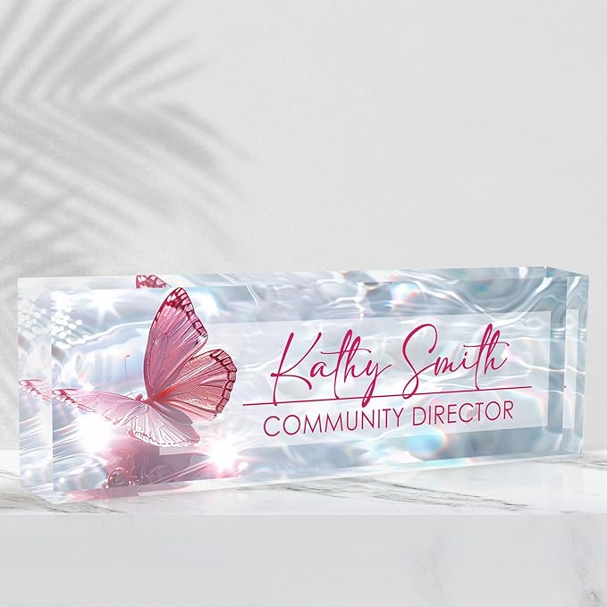 Desk Name Plate Personalized Name Plate for Desk, Office Desk Decor, 3D Style Personalized Plaque Name Plates for Desks Custom Appreciation Gifts for Boss Lady Employee Coworkers (Shiny Butterfly)