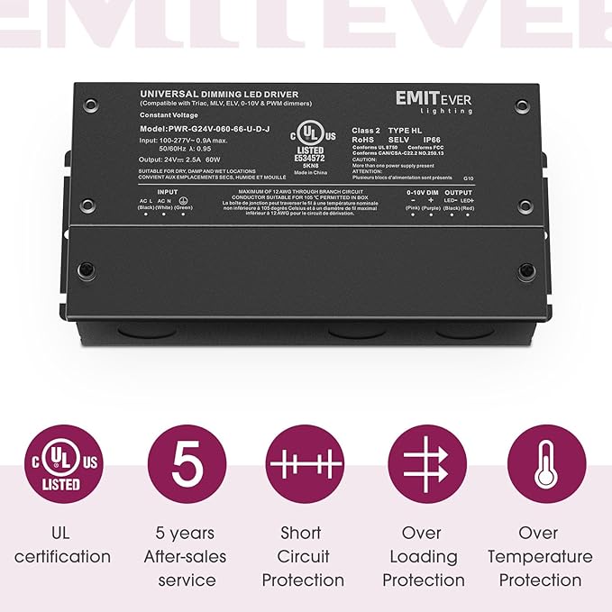 EMITEVER Dimmable Led Driver, 2 Packs 60W AC 110V-277V to DC 24V Transformer, 5-in-1 Dimming: ELV/MLV/TRIAC / 0-10V / 1-10V / 10V PWM/Potentiometer, Waterproof IP67 and UL Listed,Class 2