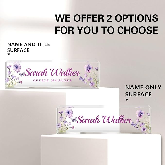 Name Plate for Desk, Desk Name Plate Personalized, Office Decor for Women Men, Acrylic Desktop Accessories, Office Appreciation Gifts for Boss Social Workers Nurse Teacher Employee (Purple)