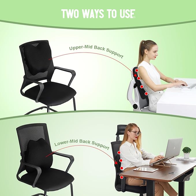 Lumbar Support Pillow Office Chair Car Back Pillow Ergonomic Lower Back Pain Relief Breathable Air Fiber Cushion with Hours Sitting on Worker Driver & Handicapped, Adjustable Strap (Black)
