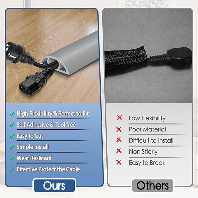 Floor Cord Cover for Wires on Floor Self Adhesive Cord Hider Floor Cable Management Wire Covers for Cords Protector Prevent Cable Trips Cord Cavity W 0.59" x H 0.31", Gray, 3.3Ft