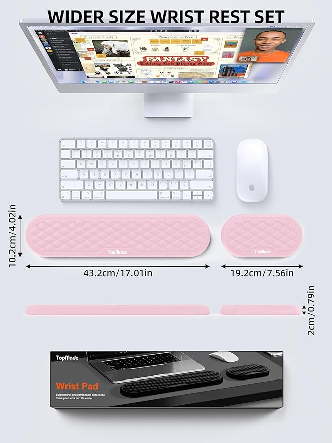 TopMade Upgraded Wider Wrist Rest Set, Soft Memory Foam Keyboard Hand Rest Pad, Computer Ergonomic Keyboard Mouse Wrist Support for Typing Pain Relief, Comfort for Office, Gaming, Study, Pink