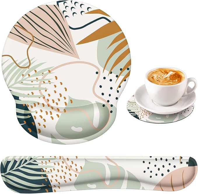 iLeadon Mouse Pad Wrist Support Keyboard Wrist Rest Set, Ergonomic Mouse Pad with Non-Slip Base for Computer Laptop Home Office + Coasters, Easy Typing & Pain Relief Mouse Mat, Tropical Plants