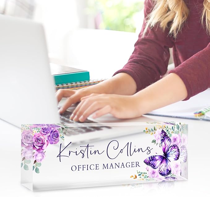Custom Name Plate for Desk, Personalized Desk Name Plate on Clear Acrylic Glass, Appreciation Gifts for Teacher Employee Boss Coworkers Nurse, Office Desk Accessories for Women Men (Amethyst)