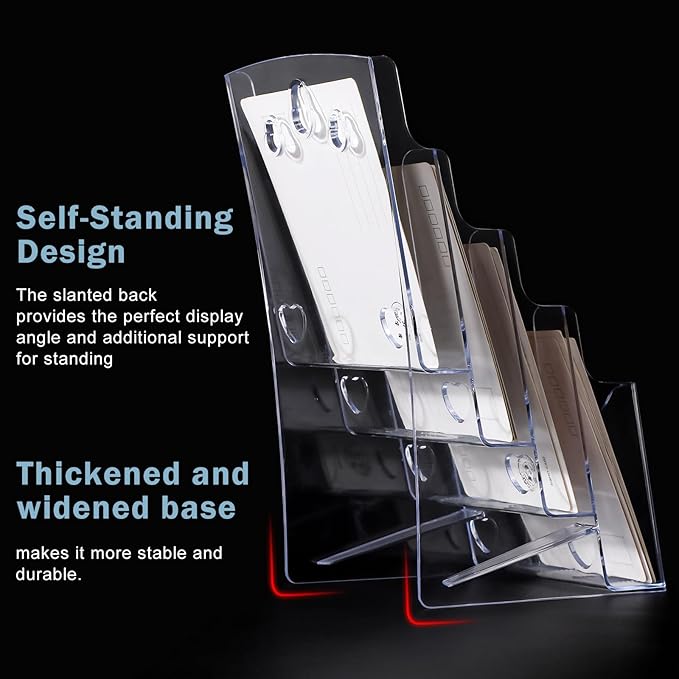 Acrylic Brochure Holder 4 x 9 Inches, 4 Tier Magazine Holder Brochure Display Stand, Clear Pamphlet Flyer Holder, Literature Booklet Holder for Countertop or Wall Mount Use, 2 Pack