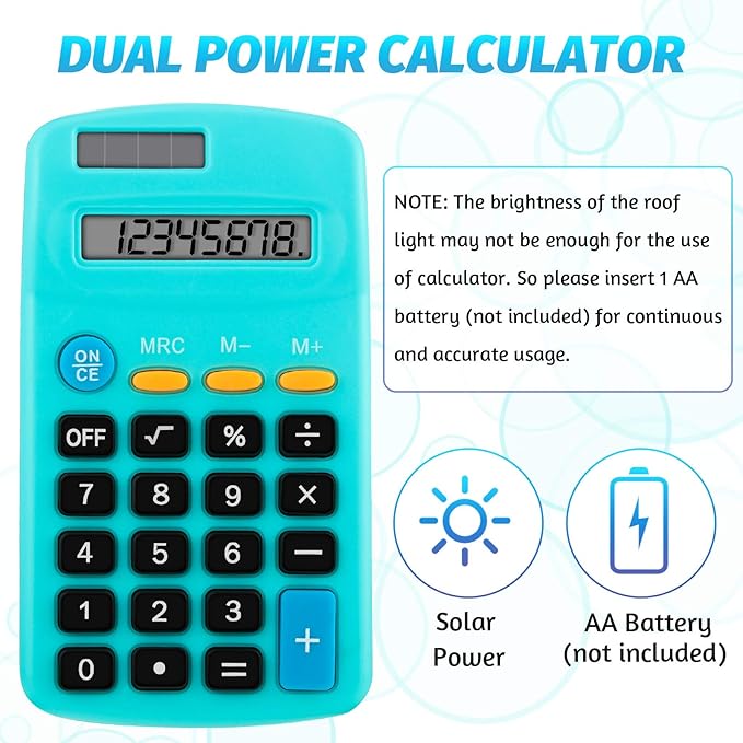 Weewooday 12 Pieces Pocket Size Calculator 8 Digit Basic Solar Battery Dual Power Mini Calculator for Desktop Home Office School Students Kids, 6 Colors