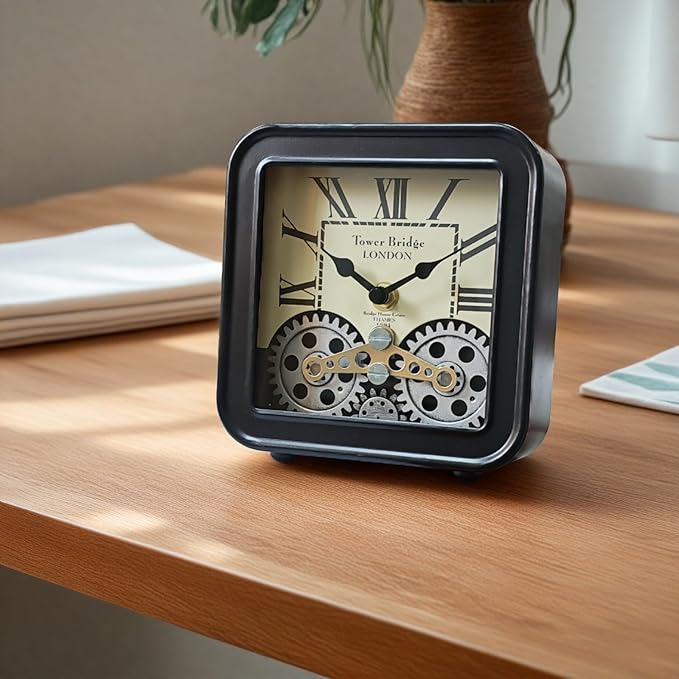 Vintage Desk Clock, 6 inch Metal Table Clocks with Moving Gears, Small Silent Non Ticking Industrial Steampunk Quartz Shelf Clock for Home Office Living Room Desk Decor Battery Operated（black）