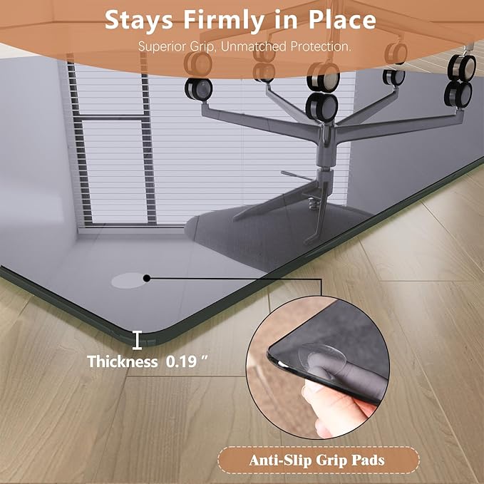 Tempered Glass Gray Chair Mat for Carpet & Hard Floor, 30"x55" Office Chair Mat - Heavy Duty & Scratch Resistant, Non-Slip Pads, Rounded Corners & Polished Edges