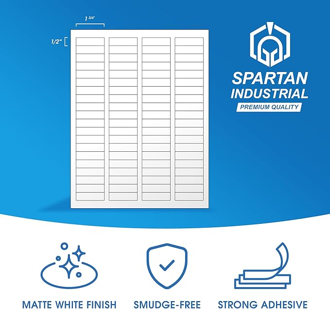 1.75" X 0.5" Matte White Printable Labels for Inkjet and Laser Printers - 100 Sheets, 8000 Custom Stickers for Return Address Labels, Price Tags, File Folders - Spartan Industrial Template R002