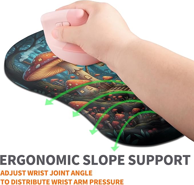 Ergonomic Joint Wrist Support Mouse Pad with Memory Foam Cushion Massage Bump, Carpal Tunnel Pain Relief Mousepad Slope Design for Wrist Rest, 11.8x7.9 in, Mushroom