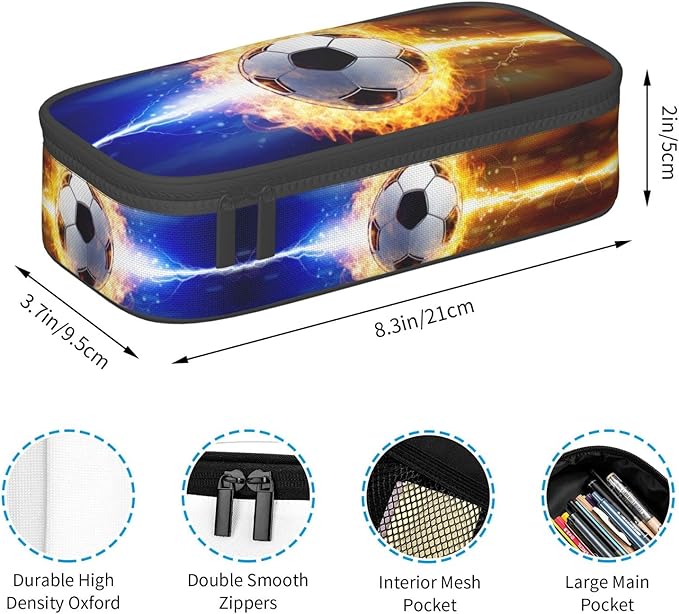 Boys Pencil Case with Soccer Ball Printed, Cool Portable Pen Bag Pouch with Zipper for Teens Stationery Supplies, Sports Style Pencil Box Cosmetic Bag for Sports Women and Girls