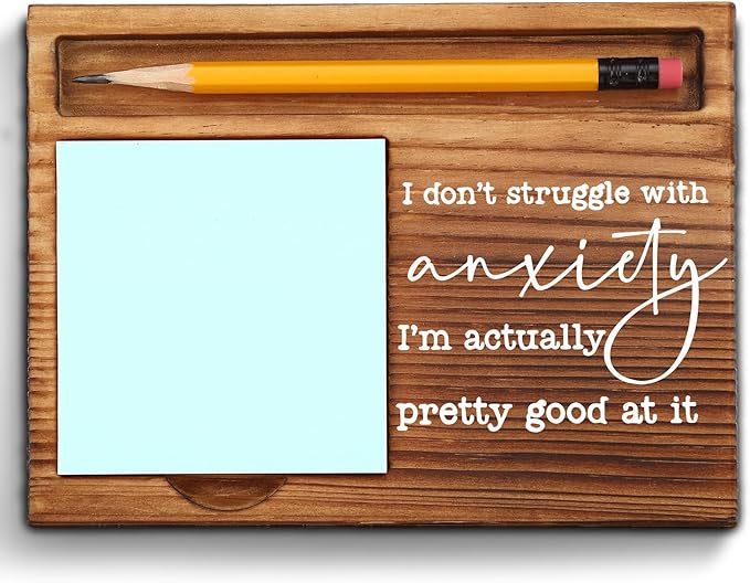 vizuzi Mental Health Sticky Note Holder Gift for Women, Coworkers, Humorous Wooden Desk Decor, I Don’t Struggle With Anxiety Quote Note Pad Holder, Sarcastic Office Gag Gift ZSS93