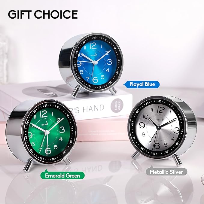 Super Silent Metal Alarm Clock,Beep Wake Round Alarm Clock with Strip Night Light,Battery Operated,Easy Set,Simple & Retro for Desk, Bedroom and Home Decoration(Emerald Green)