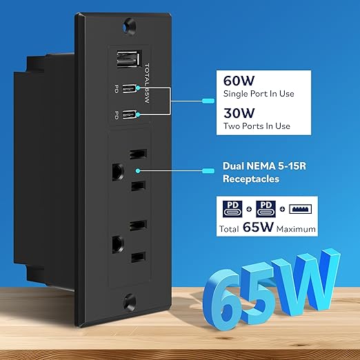 LIDER Rectangle Desktop Power Grommet with USB-C PD60W & USB-A, USB Combined Output 65W, 12A AC Outlets, Auto-Slide Cover, 6.5ft Cord, Desk Charging Station for Conference Table, ETL-Listed, Black