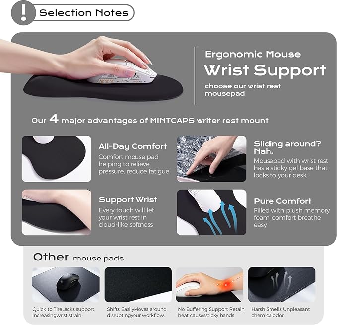 Mouse Pad with Wrist Rest - Black Mousepad with Wrist Support, Ergonomic Mouse Pad with Wrist Rest for Mouse Gaming Laptop Work