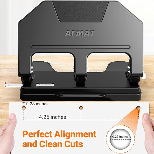 AFMAT 3 Hole Punch Heavy Duty, 9/32" Hole Diameter, 40-Sheet 3 Hole Puncher for Binder, 50% Reduced Effort, Metal Three Hole Punch w/ 10,000+ Uses, Bulit-in S.S. Paper Guide, Large Chip Tray, HPX3
