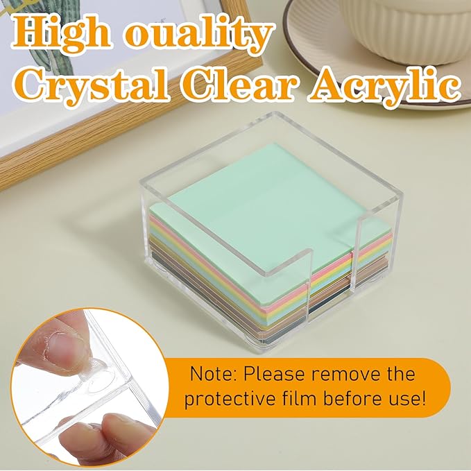 Clear Sticky Note Holder, Sticky Note Dispenser with Non-Slip Pad, Acrylic Desk Accessories, Aesthetic Office Supplies Organizer for Home Office Dorm Room (3.35 × 3.35 × 1.77 Inches)