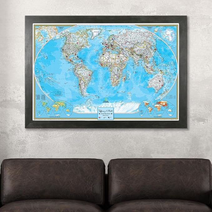 Canvas Classic World Map Pin Board – Framed Travel Map with Pins for Wall – Personalized Push Pin World Map for Tracking Journeys – 27.5" x 39.5" Rustic Black Frame