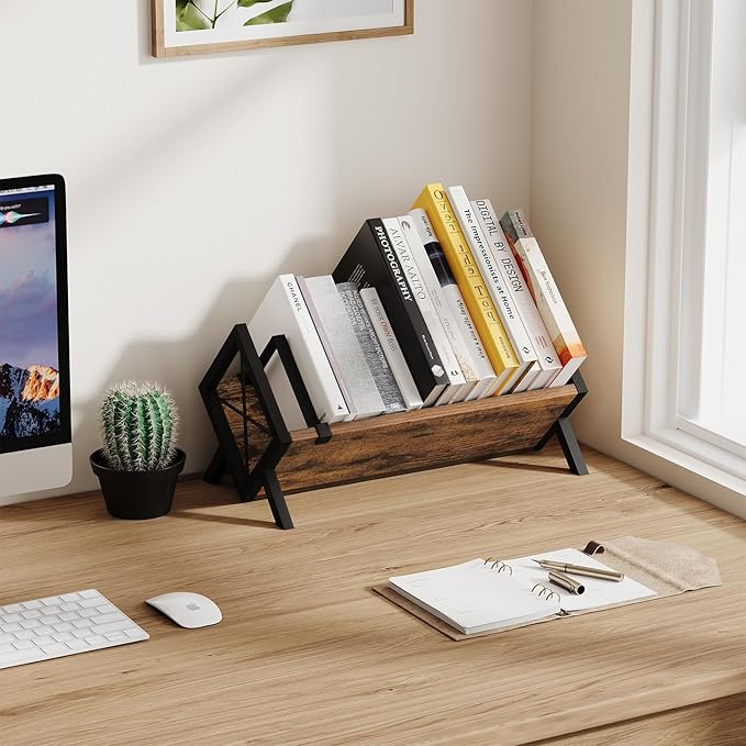 YINMIT Wood Desktop Bookshelf, Retro Tabletop Bookshelf, Desk Shelf for Top of Desk in Living Room, Home, Office, Tilting Bookcase for CDs, Magazine, Books, Home Decor