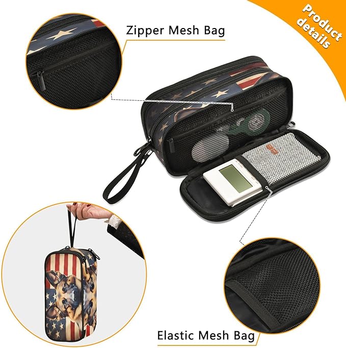 Dog German Shepherd American Flag Pencil Case Box Boys Girls Large Pencil Pouch Zipper Compartments Big Capacity Stationery Pen Bag Organizer for Kids Teens Adults School