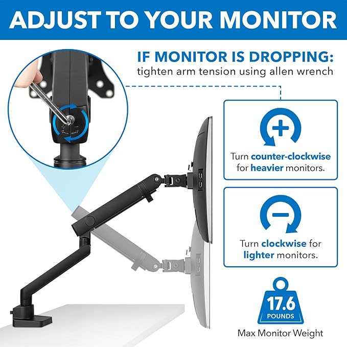 Mount-It! Single Monitor Arm Mount | Premium Monitor Desk Stand | Articulating Mechanical Spring Arm | Fits 24 27 30 32 Inch VESA 75 100 Compatible Computer Screen | C-Clamp and Grommet Bases