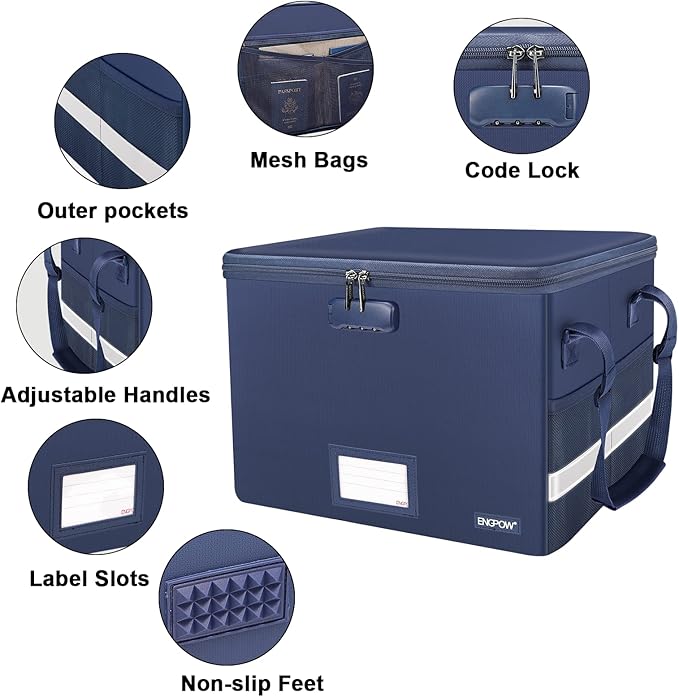 ENGPOW File Box with Lock, Fireproof Document Box with Pockets, Collapsible File Organizer Filing Storage Cabinet with Handle, Portable Home Office Safe for Hanging Letter/Legal Folders, Blue, 2 Pack
