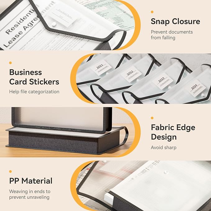 ABC life 8 Pack Plastic Expanding File Folder, Folders for Documents with Snap Closure, Black File Folder Organizer Holder, Transparent Accordion File Pouch,Large Capacity, Fit Letter/A4 Size - Black