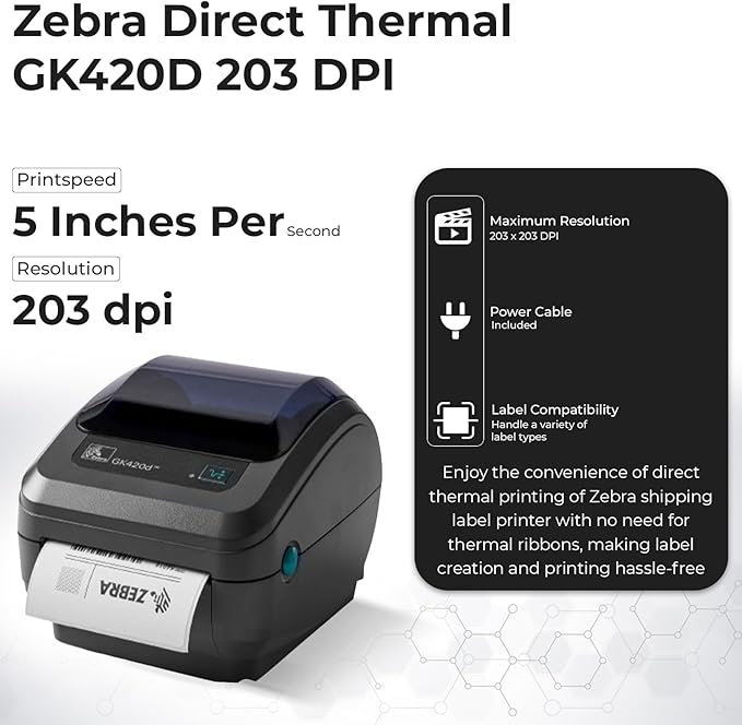 Zebra GK420D Direct Thermal Label & Barcode Printer Bundle - 1 Year Warranty - Ethernet Connectivity Printer with 24V AC Adapter + 4x6 Label Roll + USB 2.0 Cable + Microfiber Cloth (Renewed)