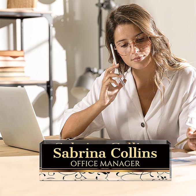 Name Plate for Desk, Desk Name Plate Personalized, Office Decor for Women Men, Acrylic Desktop Accessories, Office Appreciation Gifts for Boss Social Workers Nurse Teacher Employee (Black Stripes)