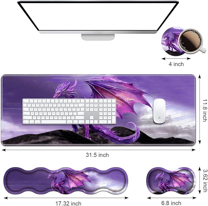 Ergonomic Keyboard Wrist Rest & Mouse Pad Wrist Rest Set, Large XXL Gaming Desk Mat 31.5"x 11.8" with Memory Foam, Easy Typing Pain Relief for Office & Home, Purple Dragon