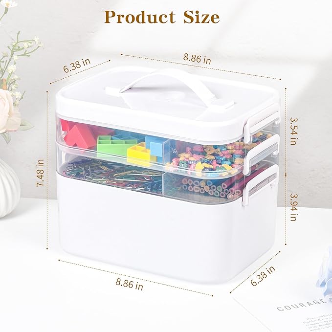 3-Tier Art Supply Storage Container, Stackable Craft Organizer Box with Dividers, Clear Plastic Storage Case for Markers, Toys, Coloring Books (Three-Layer)