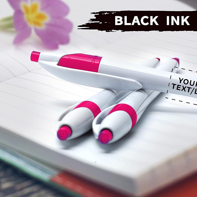 DISCOUNT PROMOS Custom Slim Curvy Ballpoint Pens Set of 10, Personalized Bulk Pack - Black Ink, Retractable, Great for Office, School, Tradeshows - Pink