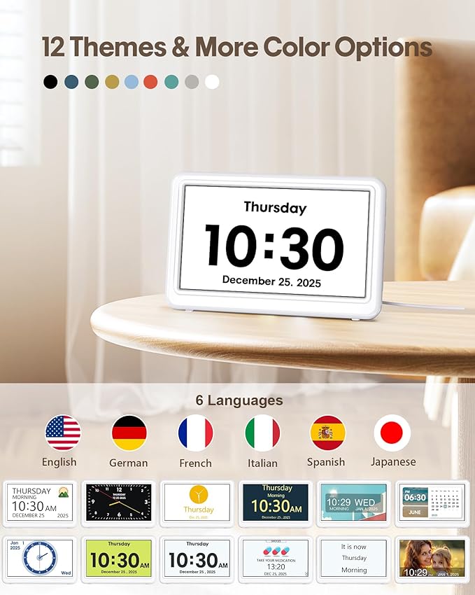 Digital Clock with Date and Week for Seniors, Alzheimer's Dementia Clock with 20 Alarms and 6 Medicine Reminders, 12 Display Modes Large Font Digital Calendar Alarm Clock for Vision Impaired(7 Inch)