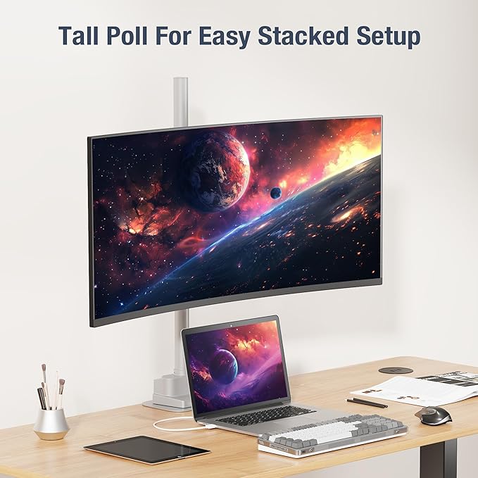 AVLT Single 40 Inch Monitor Arm Pole Top Mount with USB-C USB-A Ports-Gray, Supports 26.4 lbs (12kg), Ultrawide Screen fit, VESA Compatible, Tilt, Swivel, Rotate, Ergonomic Adjustable Height, Durable