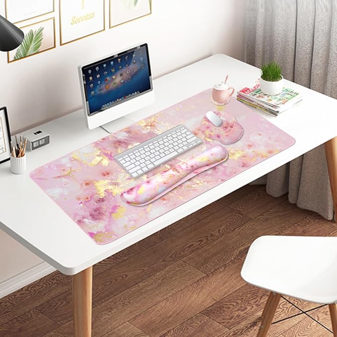 4-in-1 Gaming Mouse Pad Wrist Support Set，Desk Pad + Mouse Pad with Wrist Rest + Keyboard Wrist Rest + Coaster, Ergonomic Design for Home Office Study Game - Pink