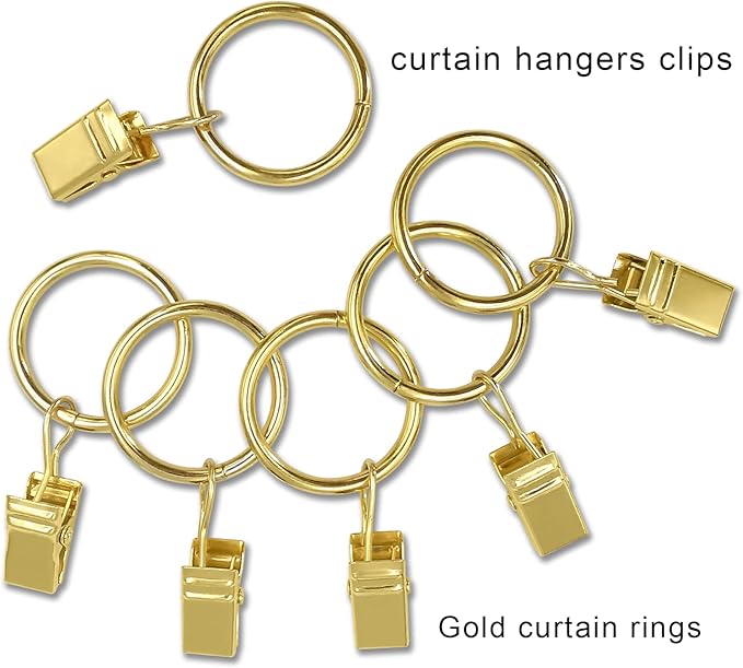 AMZSEVEN 44 Pack Metal Curtain Rings with Clips, Drapery Clips with Rings, Drapes Rings 1 inch Inner Diameter, Fits Diameter 5/8 inch Curtain Rods, Gold
