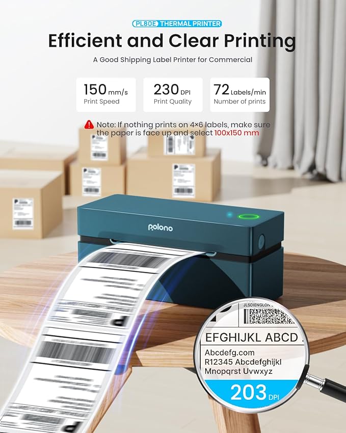 POLONO Bluetooth Thermal Shipping Label Printer, Wireless 4x6 Shipping Label Printer for Small Business, Support iOS, Android, Windows, Mac. Compatible with Amazon, Ebay, Shopify, Etsy, USPS (Blue)