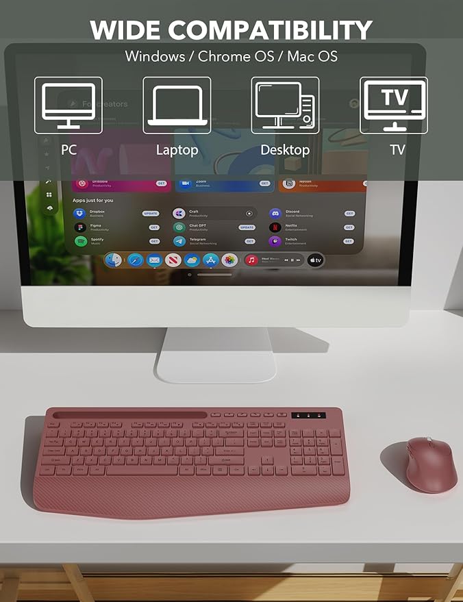 Wireless Keyboard and Mouse Combo - Full-Sized Ergonomic Keyboard with Wrist Rest, Phone Holder, Sleep Mode, Silent 2.4GHz Cordless Keyboard Mouse Combo for Computer, Laptop, PC, Mac, Windows -Trueque