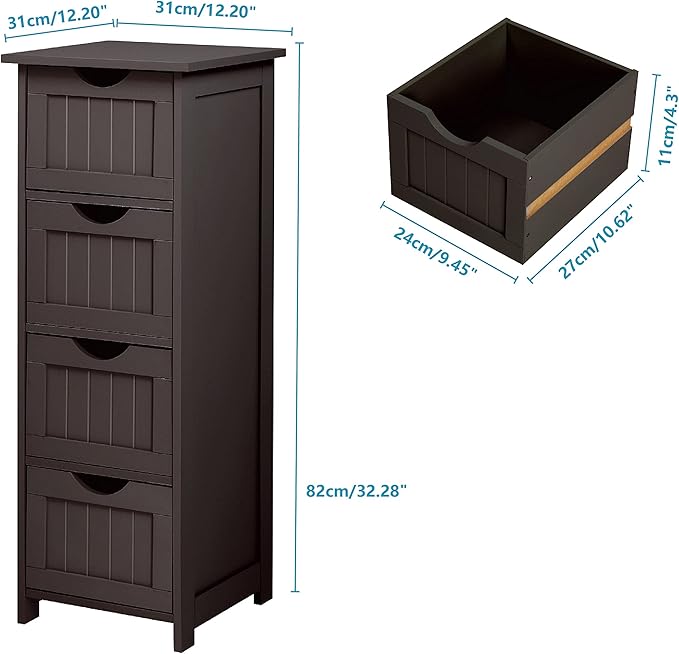 VINGLI Espresso Bathroom Storage Cabinet with 4 Drawers Wooden Freestanding Slim Bathroom Floor Cabinet Small Side Organizer Storage Unit for Restroom Livng Room Kitchen Office Hallway Entryway