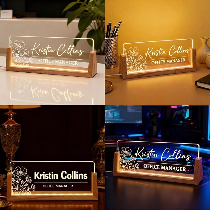 Personalized LED Name Plate for Desk, Light Up Acrylic Office Decor Desk Name Plate with Wooden Base, Custom Name Logo Quote, Appreciation Gifts for Boss Coworkers Employee Women Men (Bloom)