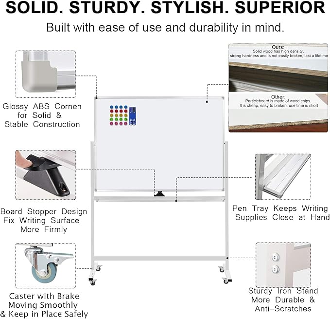 Mobile Whiteboard Magnet Dry Erase Board on Wheels Double-Sided Magnetic Portable Stand Whiteboard- 48"x36" Rolling White Boards with Easy Flip Feature
