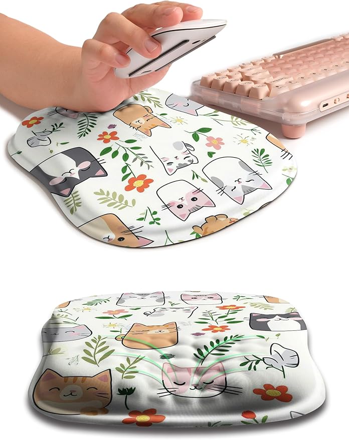 Hokafenle Ergonomic Wrist-Hugging Mouse Pad Wrist Support, U-Shaped Holding Wrist Rest Mousepad for Carpal Tunnel Pain Relief with Cushioned Memory Foam Slope Massage Bulge (10.2x8.3 in,Cute Cat)