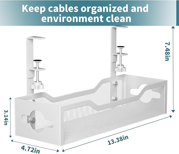 Under Desk Cable Management Tray 2 Pack, No Drill Cable Organizer With Clamp for Standing Desk, Easy to Install Cord Management System, No Damage Wire Organizer